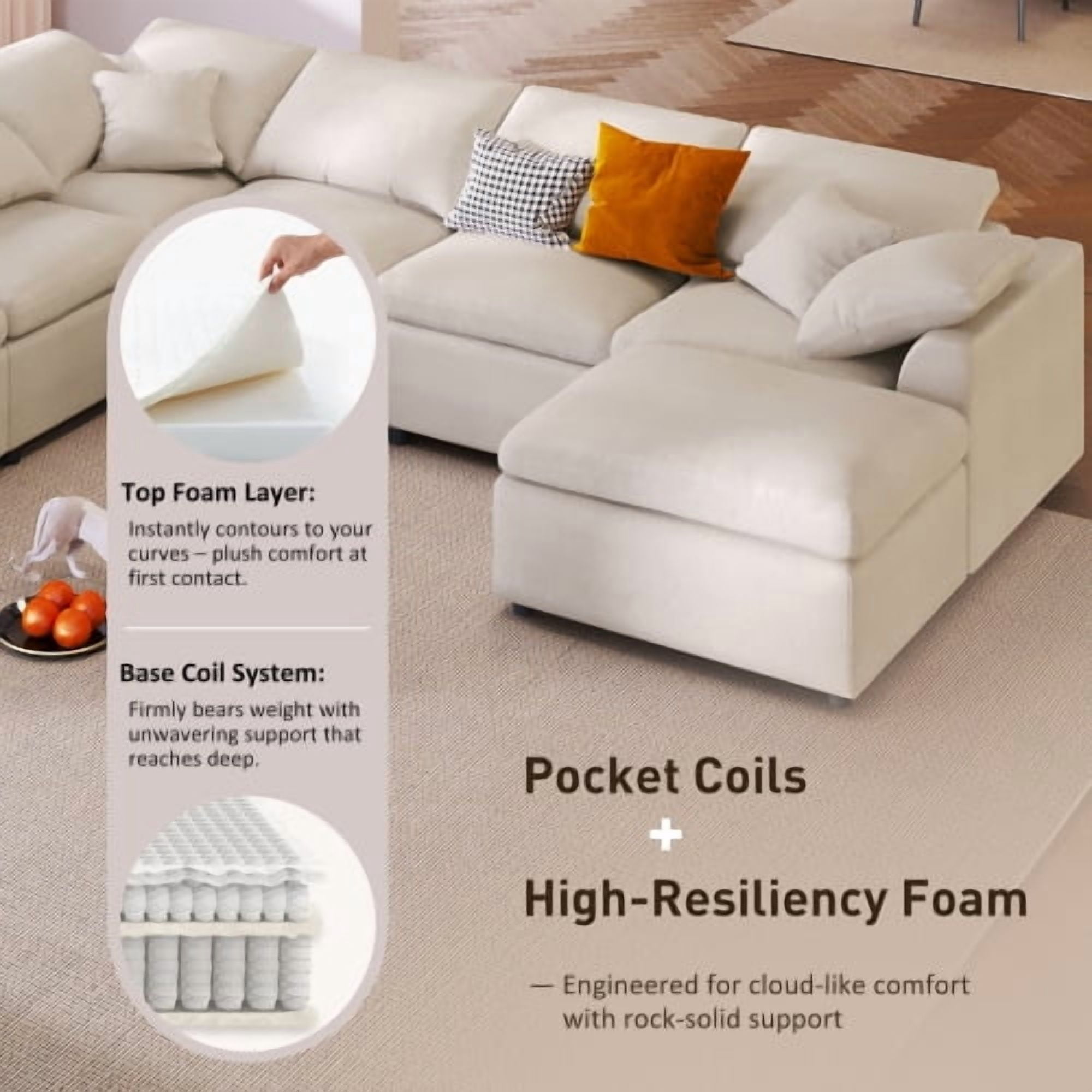 120.8" U_Style Extra Large 7-Seater L-Shape Modular Sectional Sofa with Movable Ottoman, Plush Chenille Fabric, Solid Pine Wood Frame for Living Room and Office, Beige