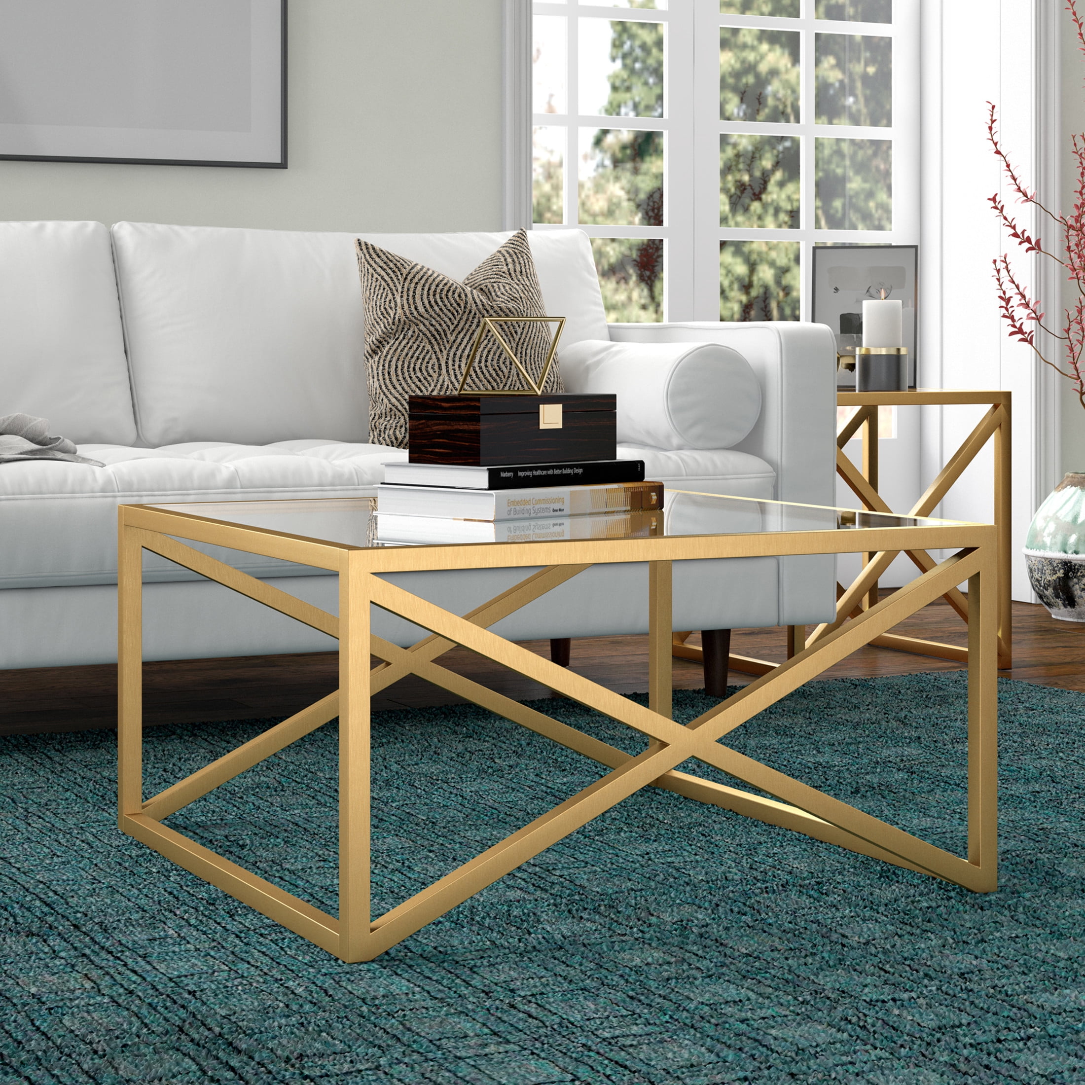 Evelyn&Zoe Calix 32" Wide Square Coffee Table, Brass