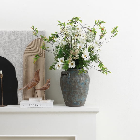 LuxenHome Antiqued Blue & Brown Terracotta Vase with Handles, 12.6" Tall Farmhouse Vintage Pottery