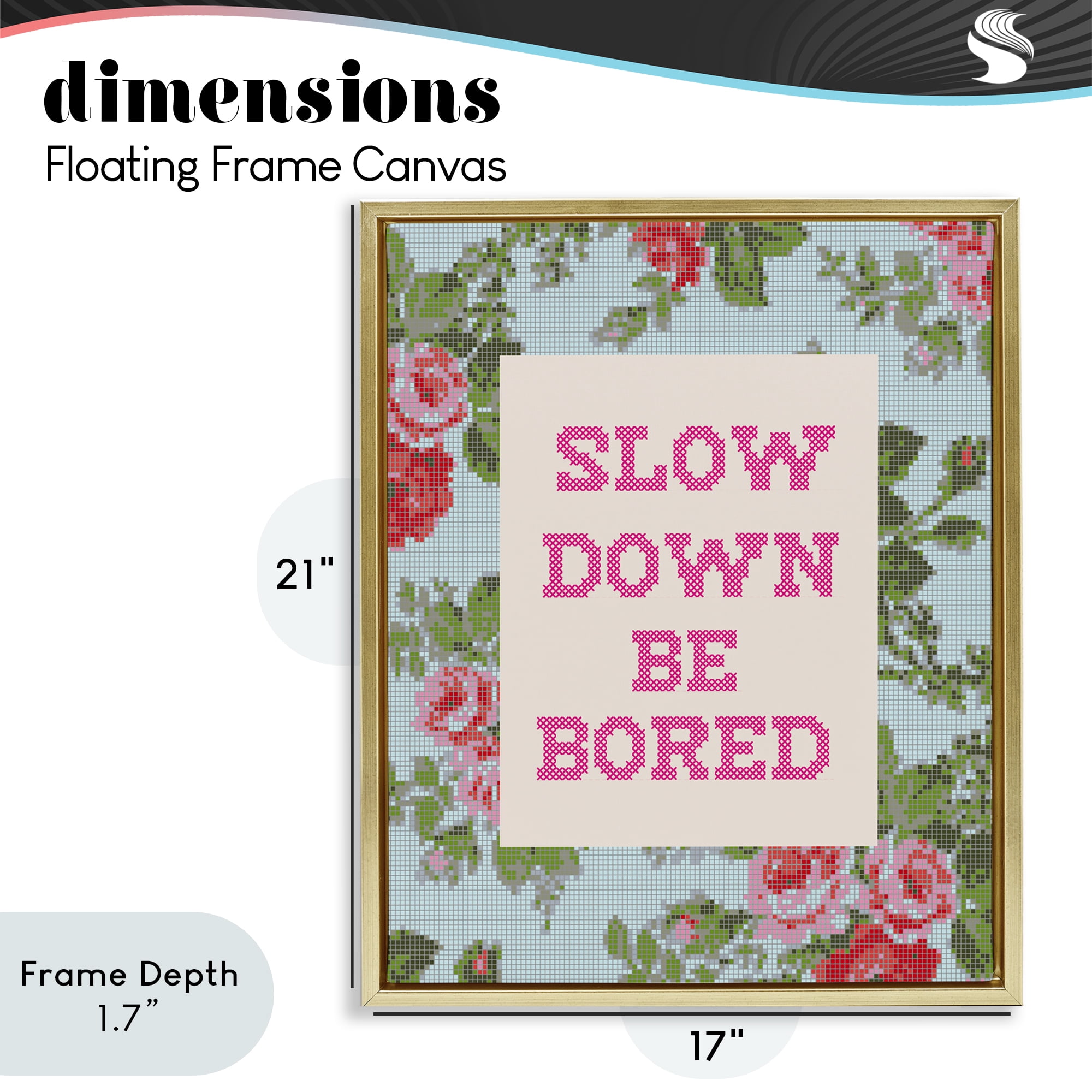 Stupell Industries Slow Down Be Bored Faux Cross Stitch Gold Framed Floater Canvas Wall Art, design by Lil' Rue