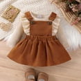 thumbnail image 3 of GYRATEDREAM Newborn Baby Girl Outfits Infant Ruffle Long Sleeve Ribbed Romper Corduroy Suspender Skirt Overall Dress Toddler Fall Winter Clothes Apricot for 0-18M, 3 of 8