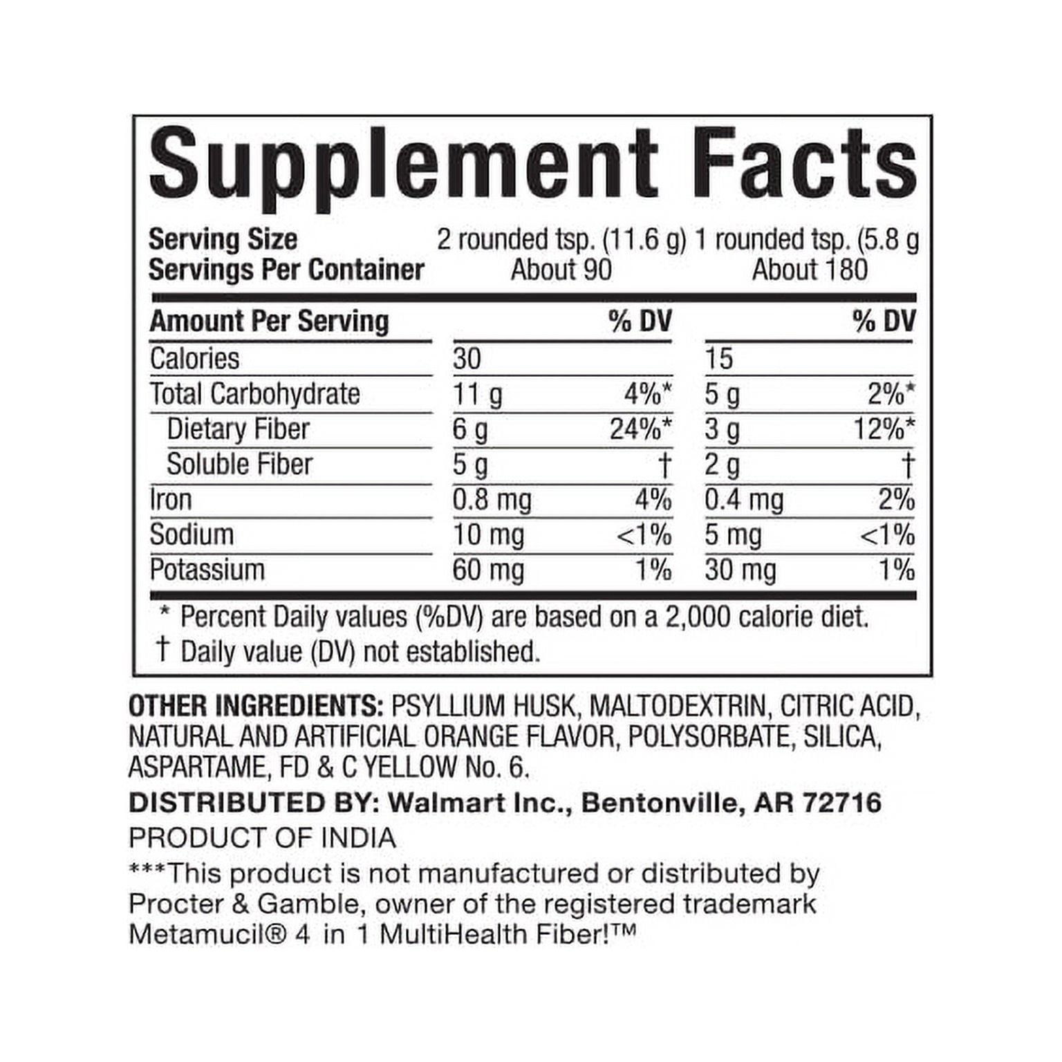 Equate Daily Fiber Supplement, Psyllium Husk Fiber Orange Powder, Sugar-Free 180 Doses