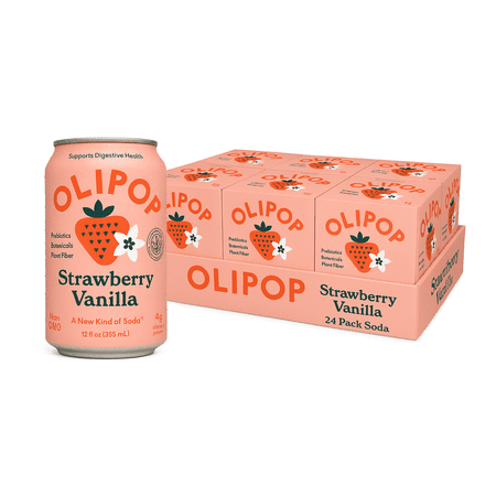 (6 pack) OLIPOP Prebiotic Soda, Strawberry Vanilla, 12 fl oz, 4 Pack, Pantry Packs (24 Total Cans)