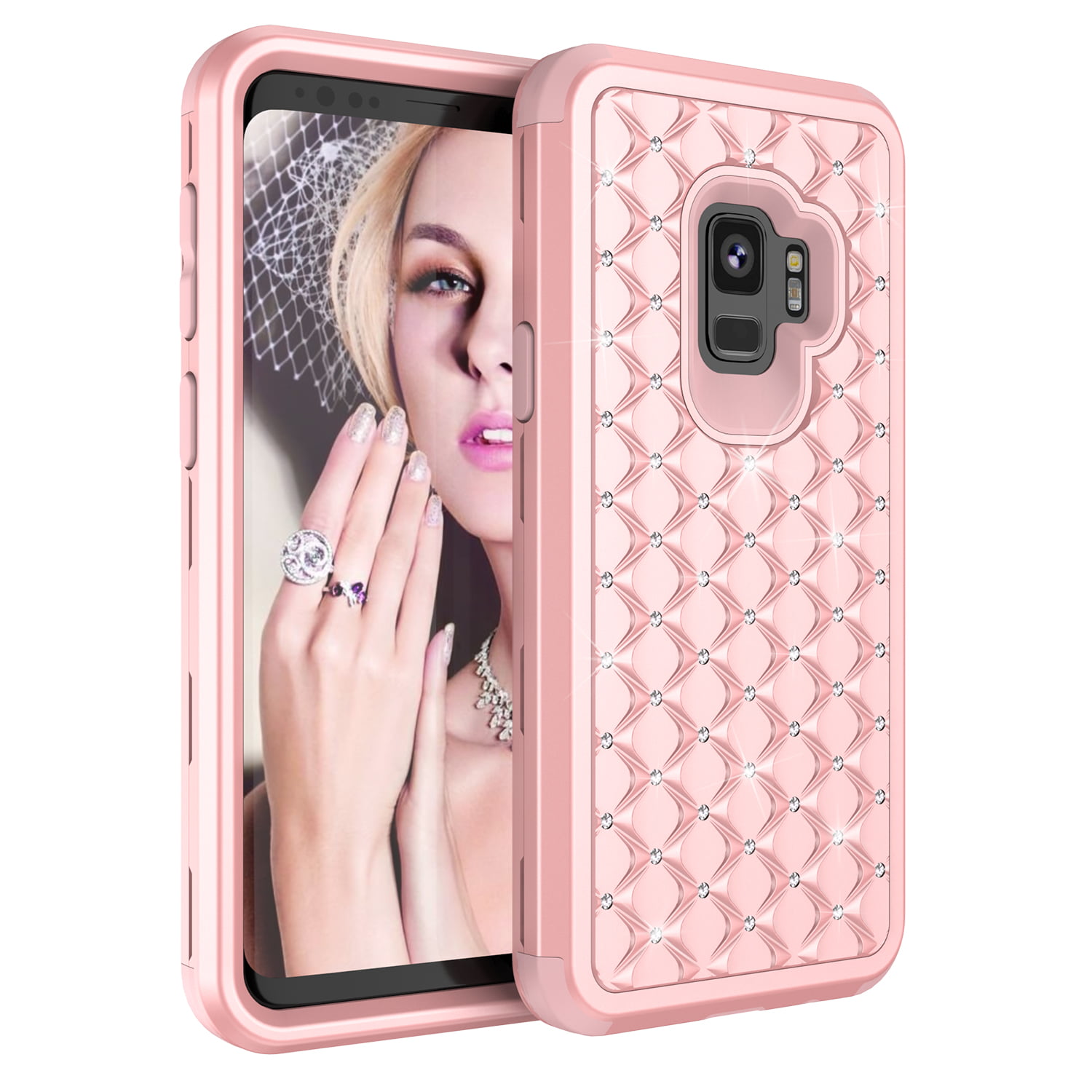 S9 Case, Galaxy S9 Plus Allytech 3 in 1 [Studded Rhinestone][Full-Body Protective] [Shockproof] PC+ Soft Silicon Rubber Armor Defender Protective Case Cover, Rosegold - Walmart.com
