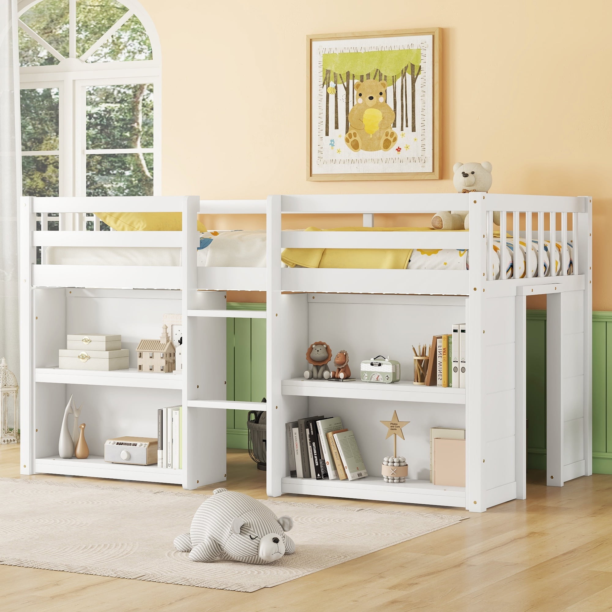 Twin Size Low Loft Bed with Two-Tier Shelves, Wooden House Loft Bed with Storage for Books & Toys, Space Saving for All Ages, Multi-Functional, White