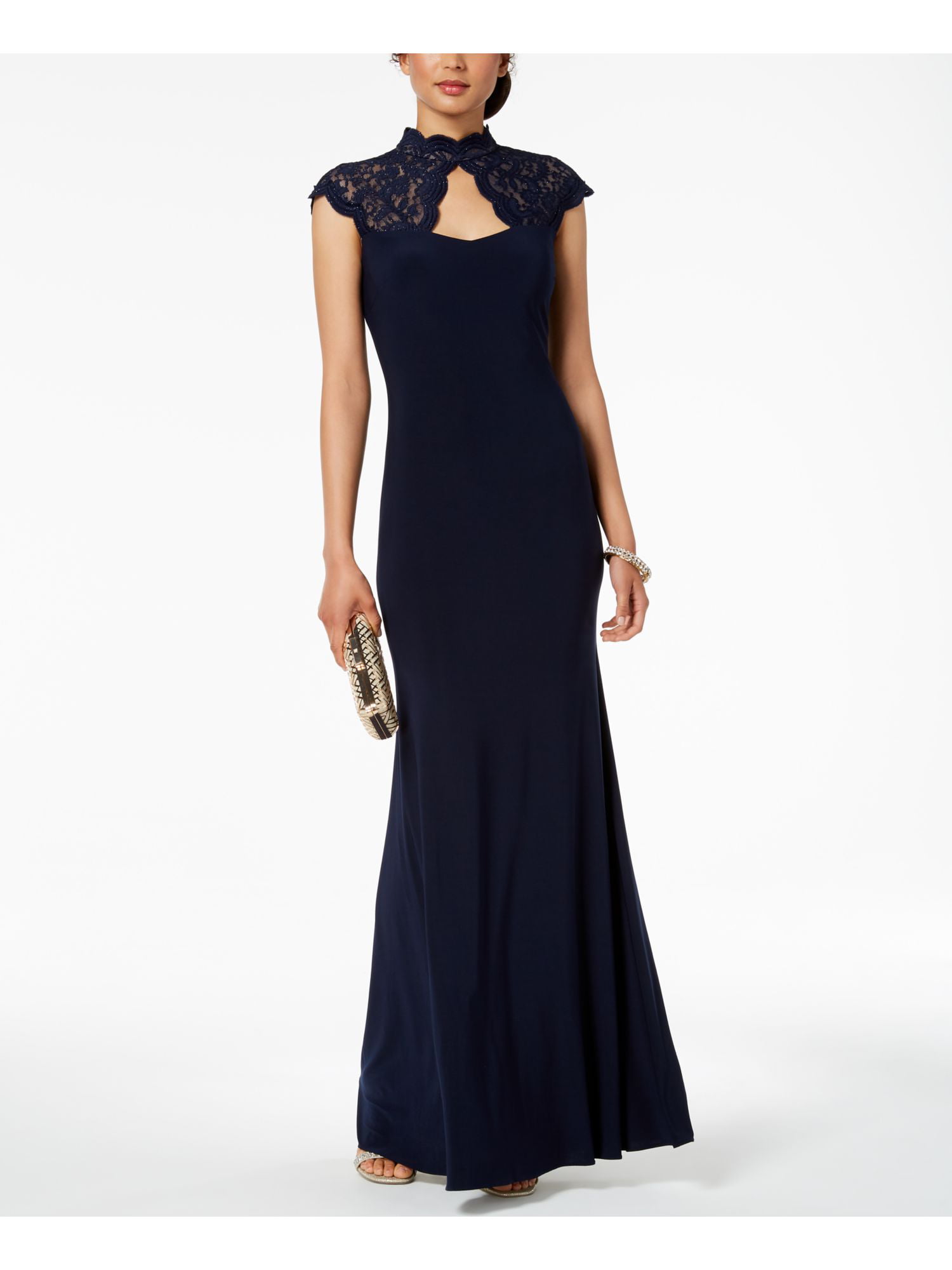 Betsy & Adam - BETSY & ADAM Womens Navy Glitter Lace Mock Neck Gown