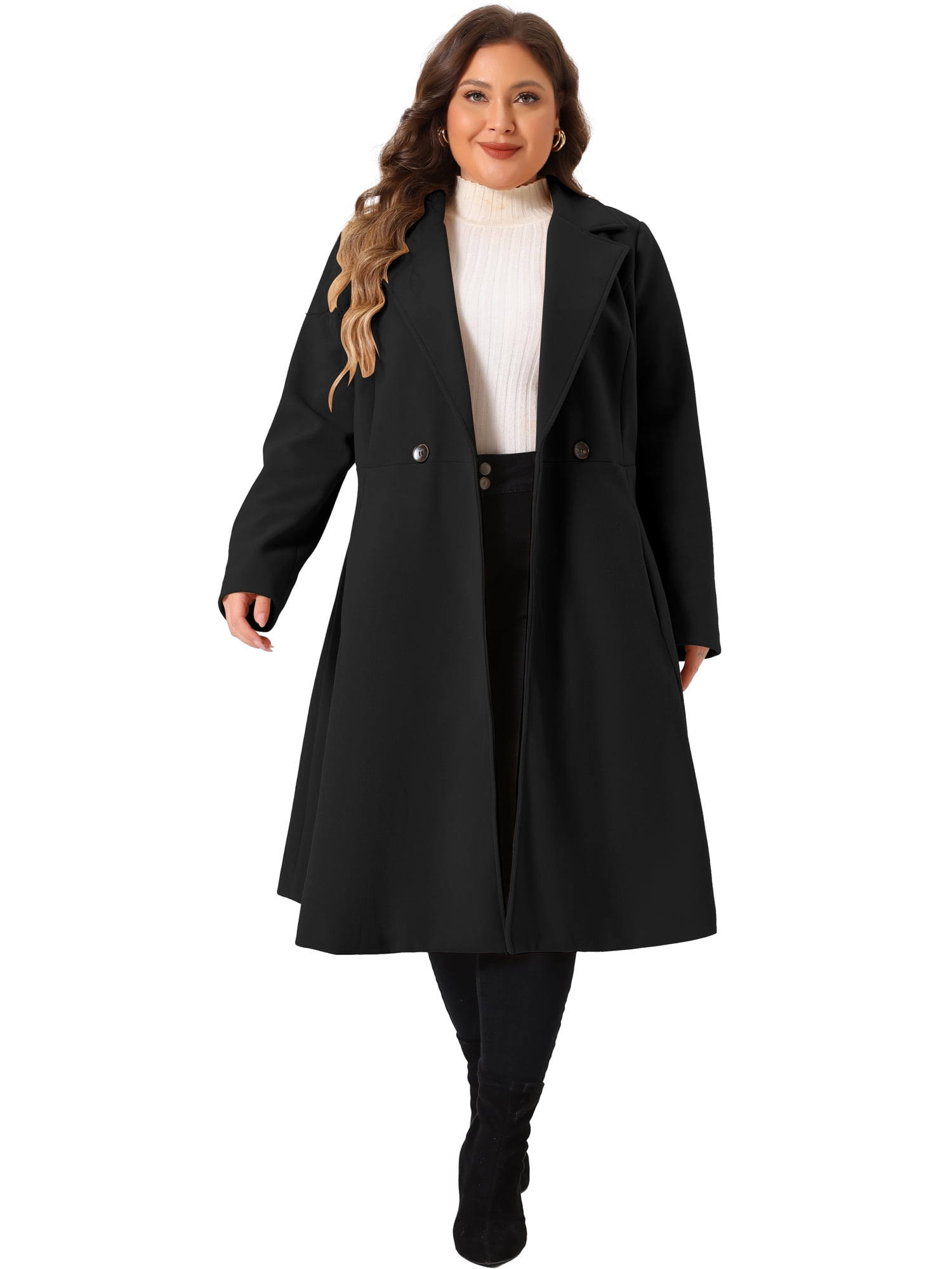 DARING DIVA Women's Plus Size Notch Lapel Double Breasted A Line Coat 1X Black