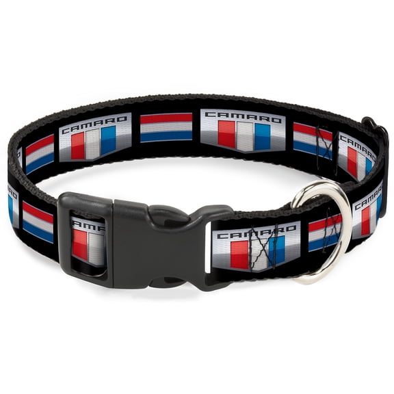 GM General Motors Pet Collar, Dog Collar Plastic Buckle, Camaro Six Badge Stripe Black Silver Red White Blue, 7 to 8.5 Inches 0.5 Inch Wide