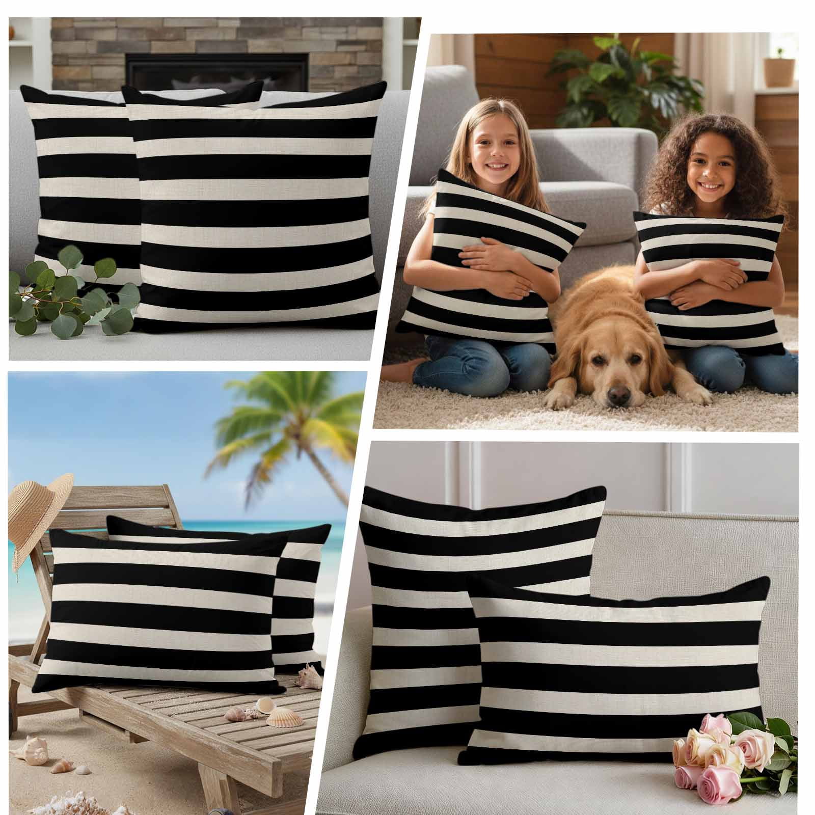 Black Beige Striped Outdoor Waterproof Pillow Covers, Vintage Geometric Line Simple Decorative Square Throw Pillowcase Sofa Cushion Sham for Patio/Couch/Chair, 16"x16" 2 Pack