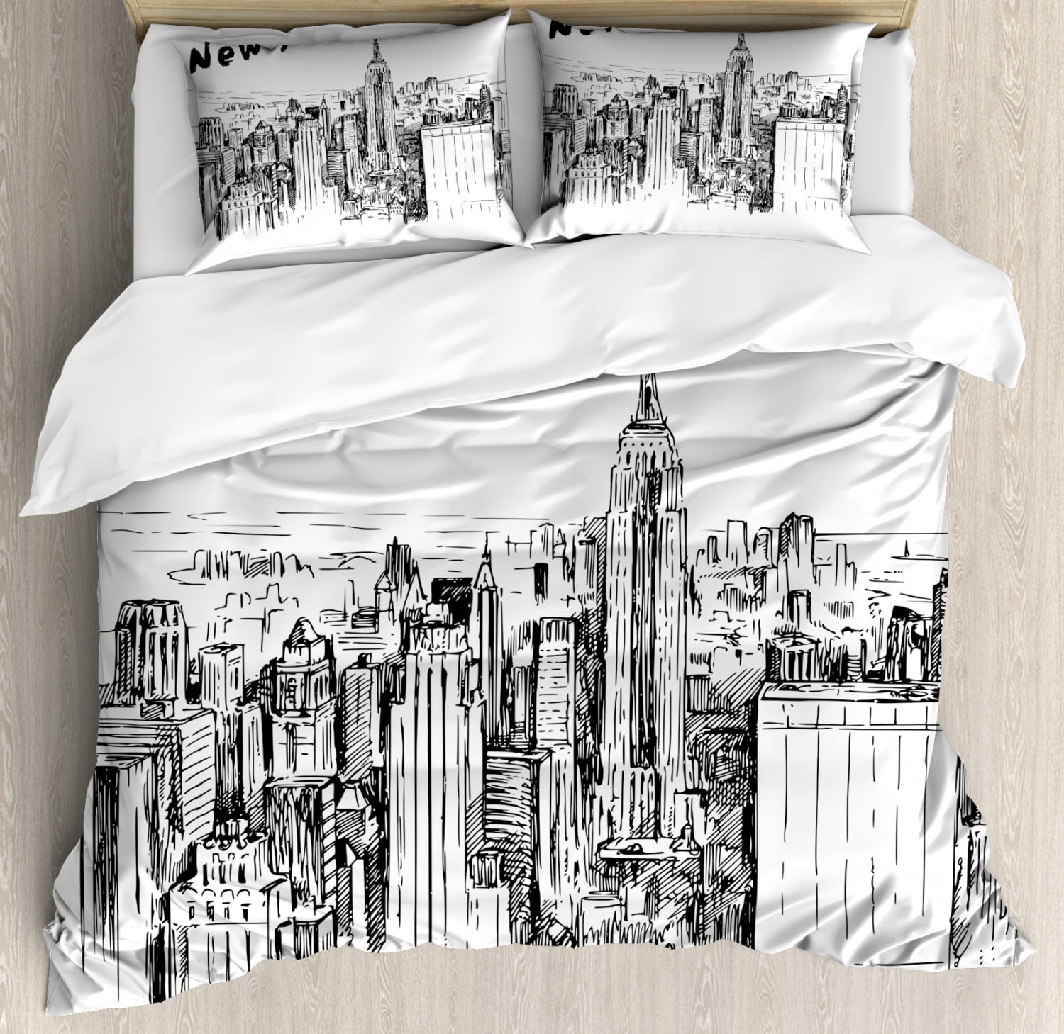New York Duvet Cover Set King Size, Vintage Hand Drawn Urban Scenery with Skyscrapers Sketch