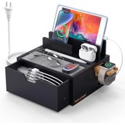 Charging Station Dock with Charger HUB and Cables-Black | Nightstand Docking Station with Lined Tray & Drawer for Multi Device, Compatible with Tablet, Cell Phones, Watch & Earbuds