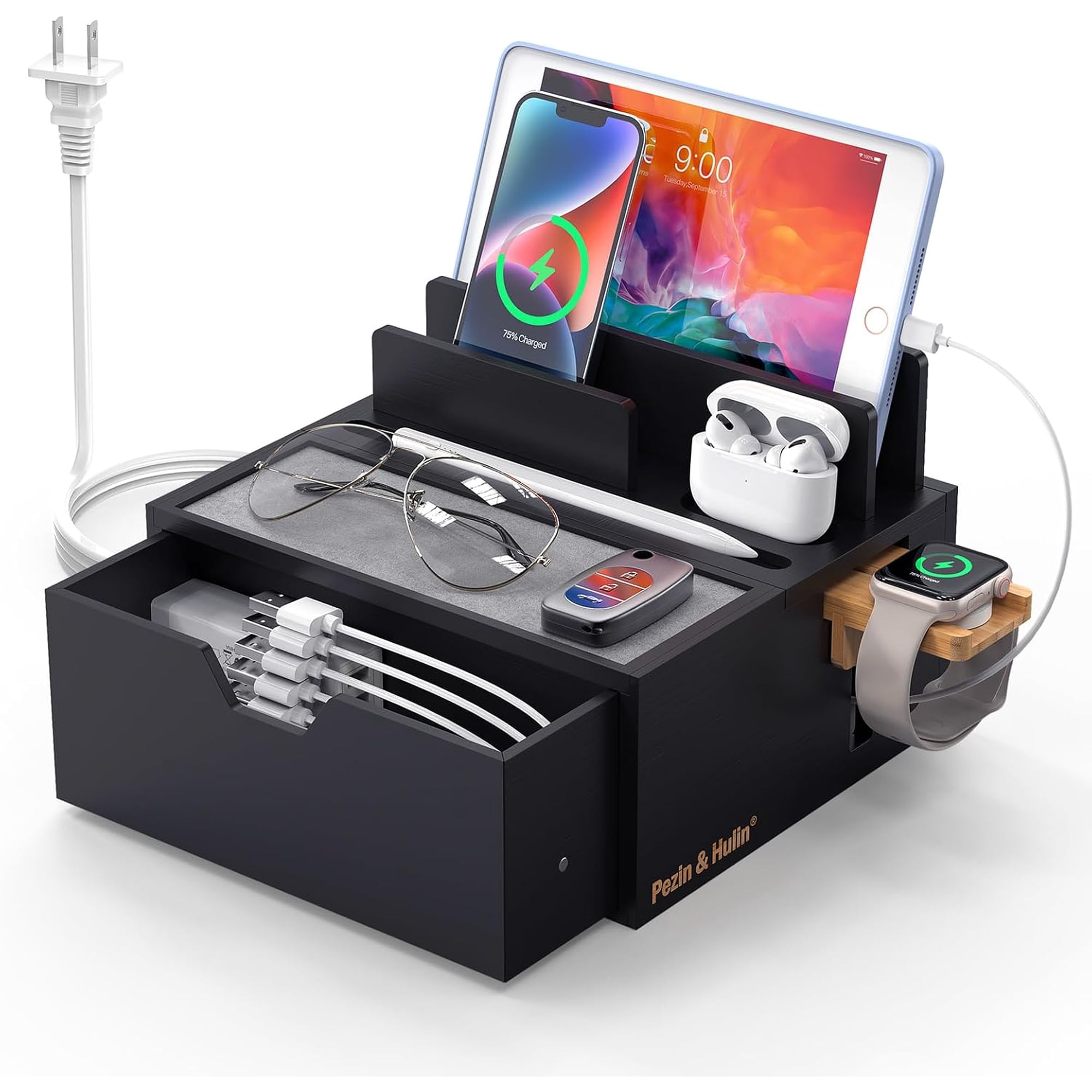 Charging Station Dock with Charger HUB and Cables-Black | Nightstand Docking Station with Lined Tray & Drawer for Multi Device, Compatible with Tablet, Cell Phones, Watch & Earbuds