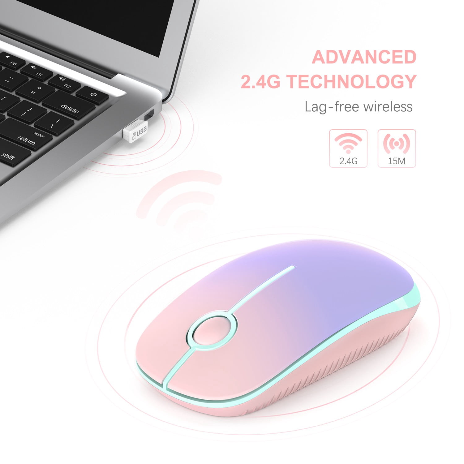 2.4G Slim Wireless Mouse with Nano Receiver, Less Noise, Portable Mobile Optical Mice for Notebook, PC, Laptop, Computer, MacBook MS001 (Pink to Purple)