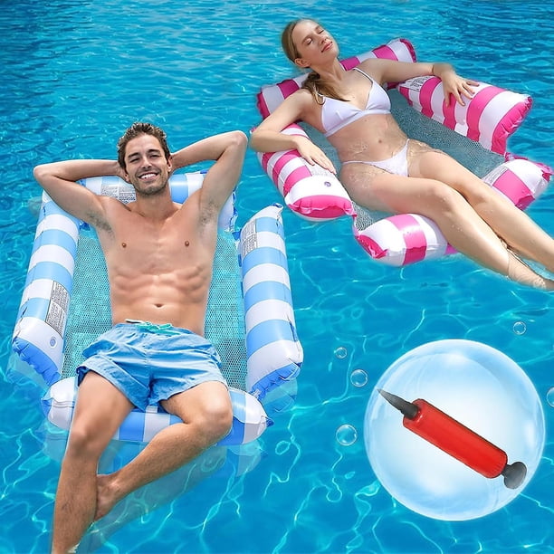 2 Pack Inflatable Pool Floats Hammock, 4-in-1 Multi-Purpose Portable Water Pool Floats with a Manual Air Pump, Pool Chairs to Beach, Exercise Saddle,