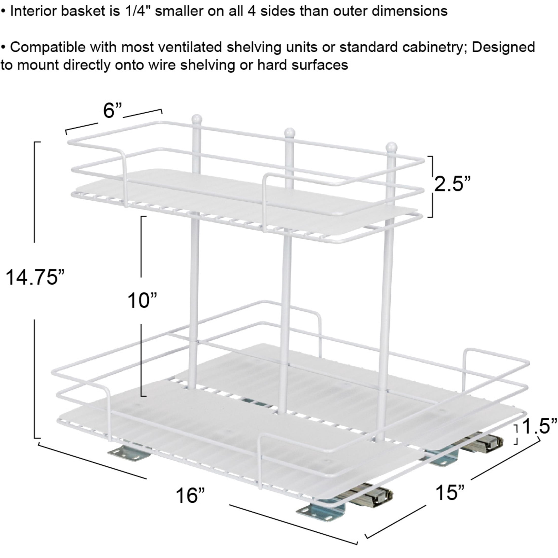 Household Essentials Glidez Paint-Finished Steel Pull-Out/Slide-Out Storage Organizer with Plastic Liners for Under Sink or Cabinet Use- 2 -Tier Design - Fits Standard Size Cabinet or Shelf, White