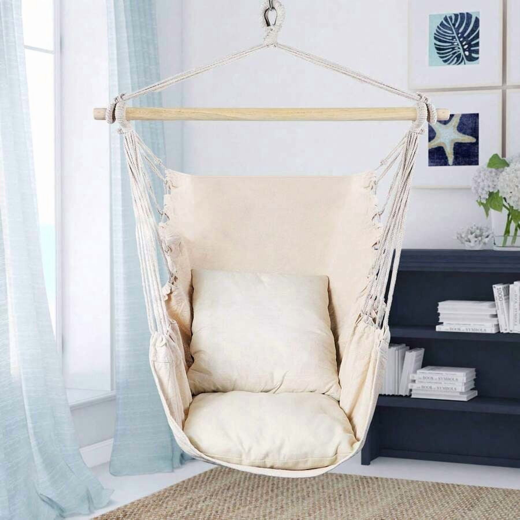 Hammock Chair Swing With Ropes - Maximum Weight Capacity 500 Lbs - Includes 2 Cushions - Steel Support Pole With Anti-Slip Rings