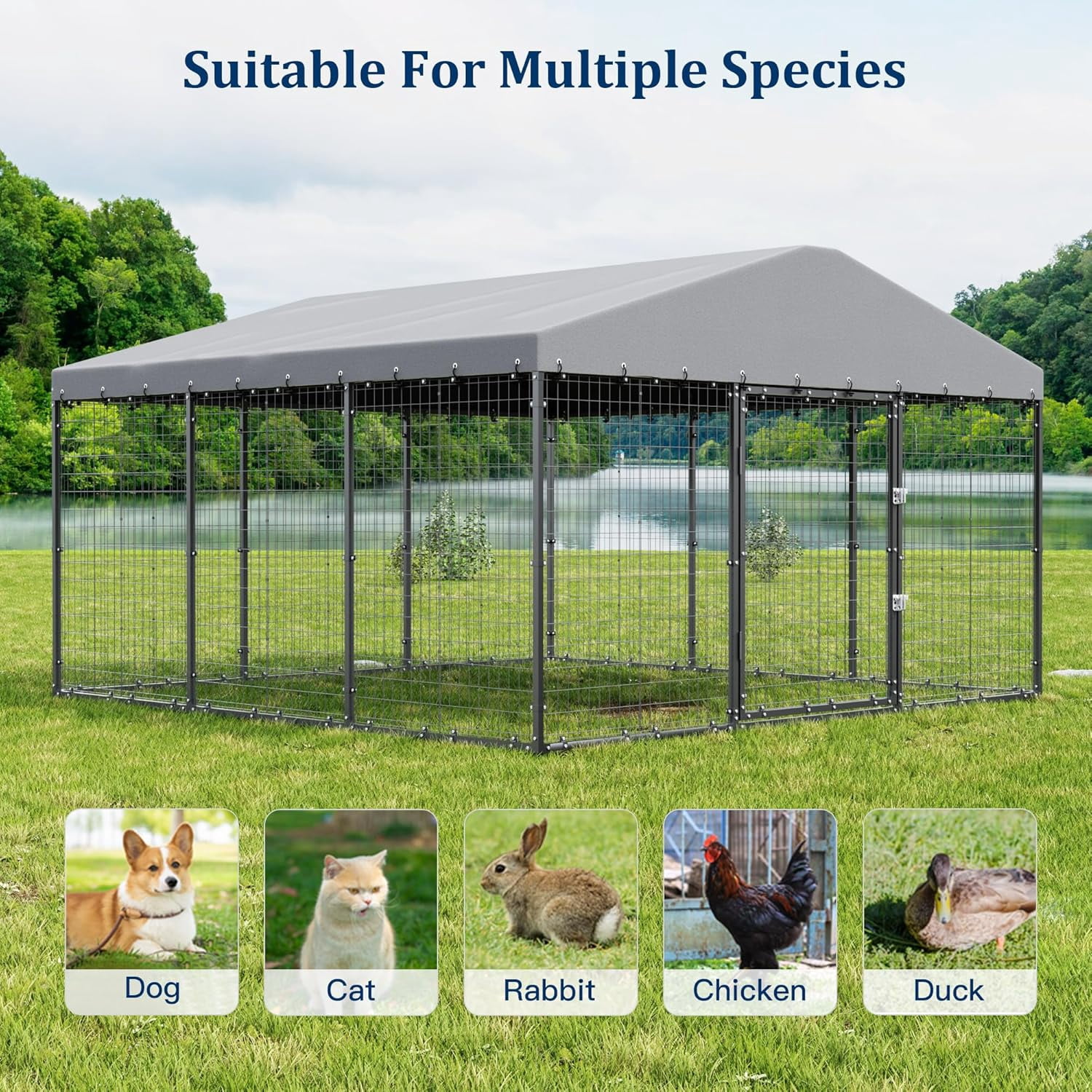 ALAULM 10x10x6 FT Large Outdoor Dog Kennel,Anti-Rust Galvanized Steel Dog Pen with Double Locks,Heavy Duty Dog Enclosure Fence with UV & Water Resistant Roof Cover for Outside
