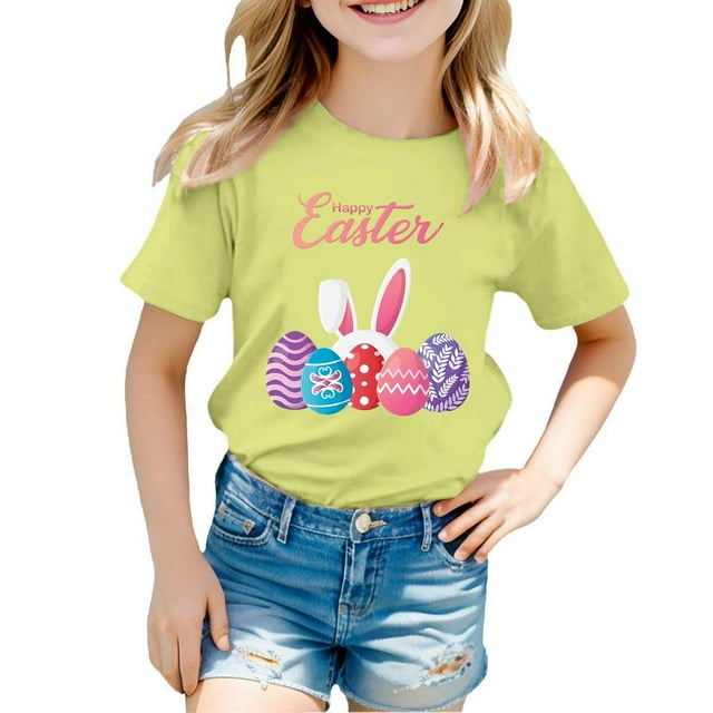 MIASHUI T-Shirt à Manches Courtes pour Enfants Joyeuses Pâques Lapin Œuf Imprimé, Vert Clair, 4-5 Ans