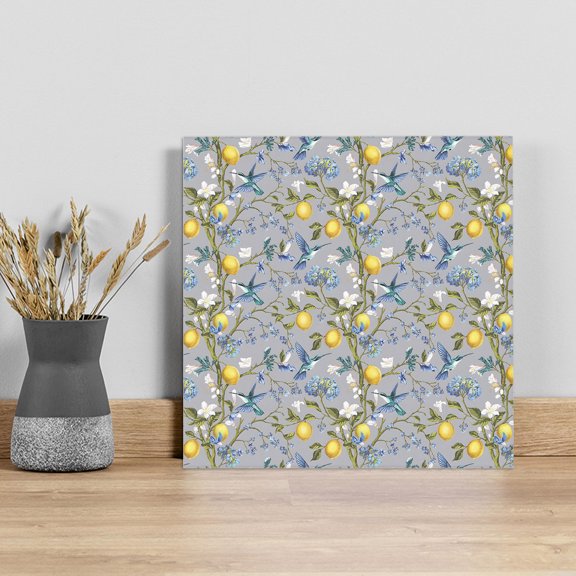 Lemon Tree Birds Wall Art Painting on Canvas, Green Botanical Blue Floral Canvas Art Home Prints Wall Art Framed Modern Artwork for Living Room Bedroom Wall Decor 8x8in