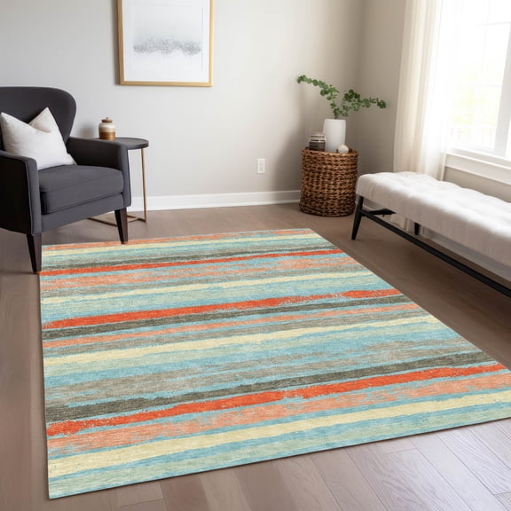 Addison Rugs Chantille Indoor/Outdoor Transitional Stripes Sky Washable Rectangle Rug, 3' x 5'