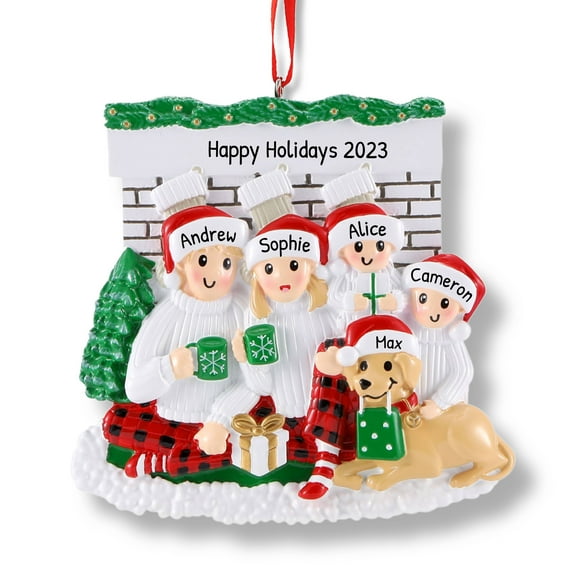 Ornaments by Elves Personalized Family of 4 with Pet Dog Fireplace Christmas Ornament 2024 .25lbs