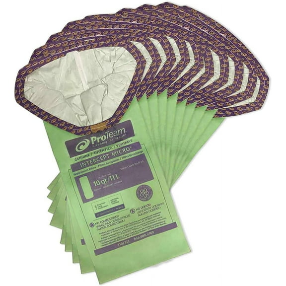 ProTeam 107313 Intercept Micro Filter Bags with Open Collar and 10-Quart Capacity, 10-Pack of Replacement Vacuum Filters