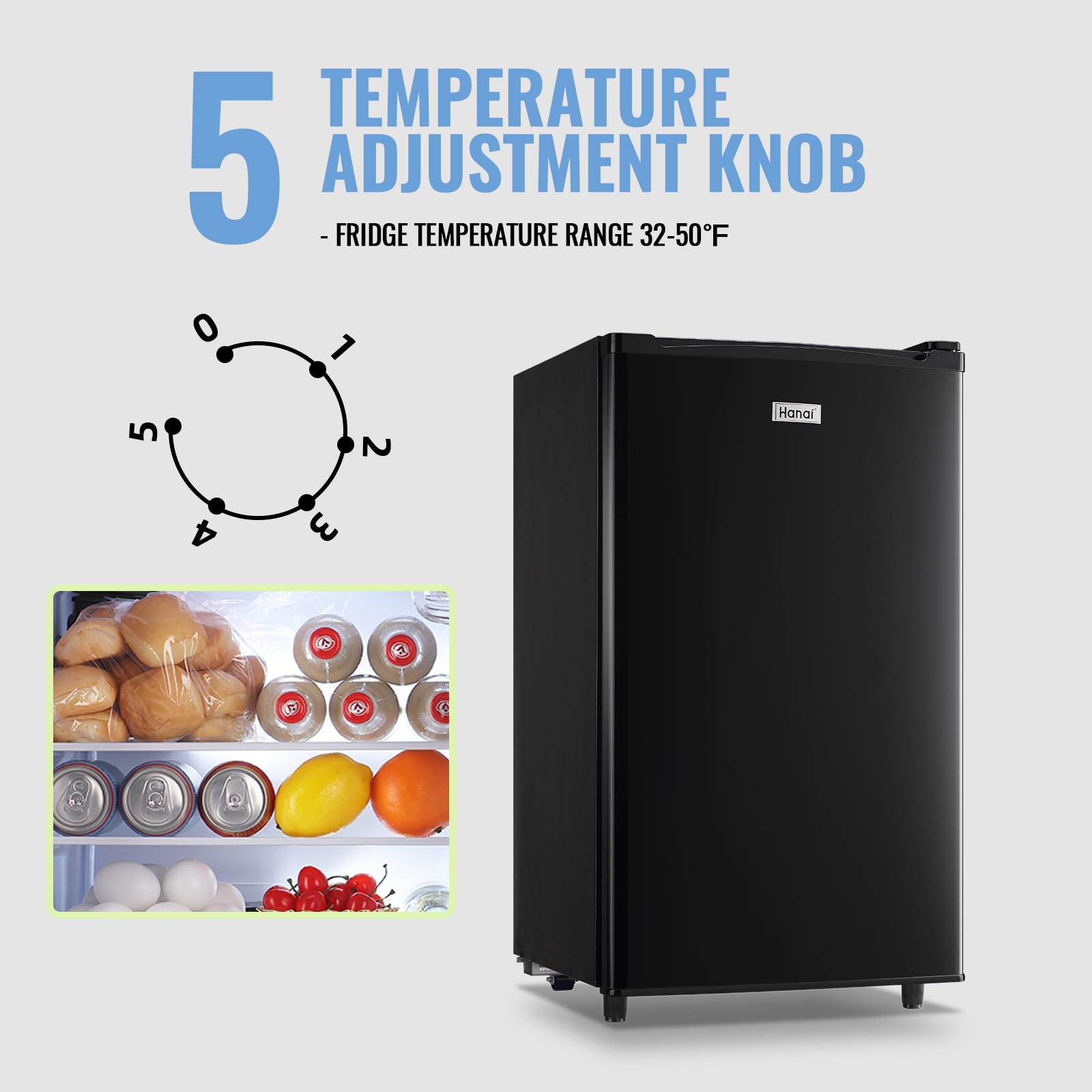 WANAI 3.2 Cu.ft Mini Refrigerator with 5 Temp Control Small Fridge Compact Size for Any Room Black