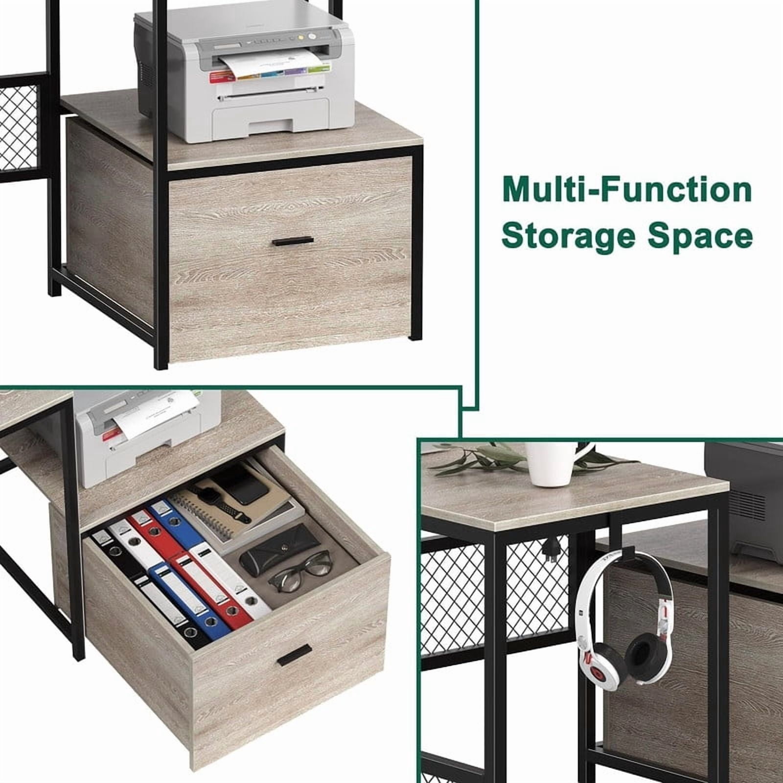 Someet L-Shaped Office Desk with Power Outlets and Lockers, Modern Simple Style 66" Computer Desk with Monitor Stand, Gray