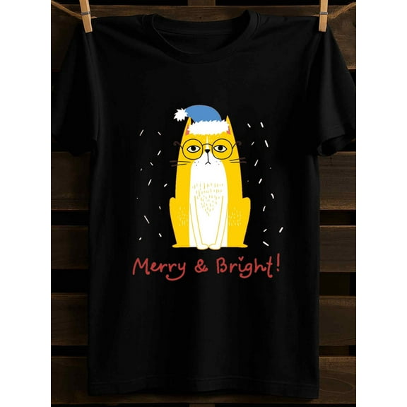 Christmas Cat T-Shirt Christmas funny t shirts t shirts men 180G 100% Cotton black Spring and summer outdoor wear New spring and autumn trendy printed T-shirts Comfortable loose T-shirt elegant glit