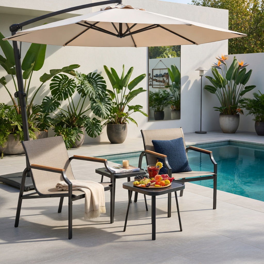 Hommoo 3-Piece Outdoor Patio Furniture Set, 2 Ergonomic Metal Chairs + Tempered Glass Coffee Table, Breathable Fabric Seats, Brown