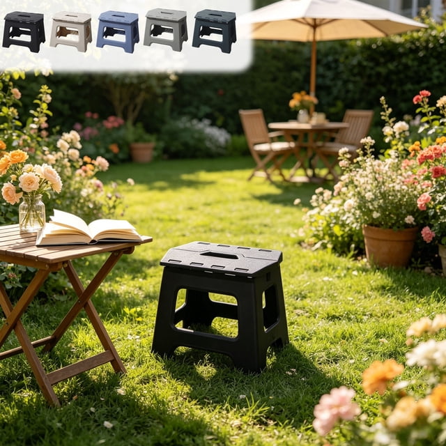 Heavy Duty Folding Step Stool - Non Slide Portable Plastic Stool, Home Camping Outdoor Seating, Sturdy Easy Carry Utility Stool, Black, JKODE