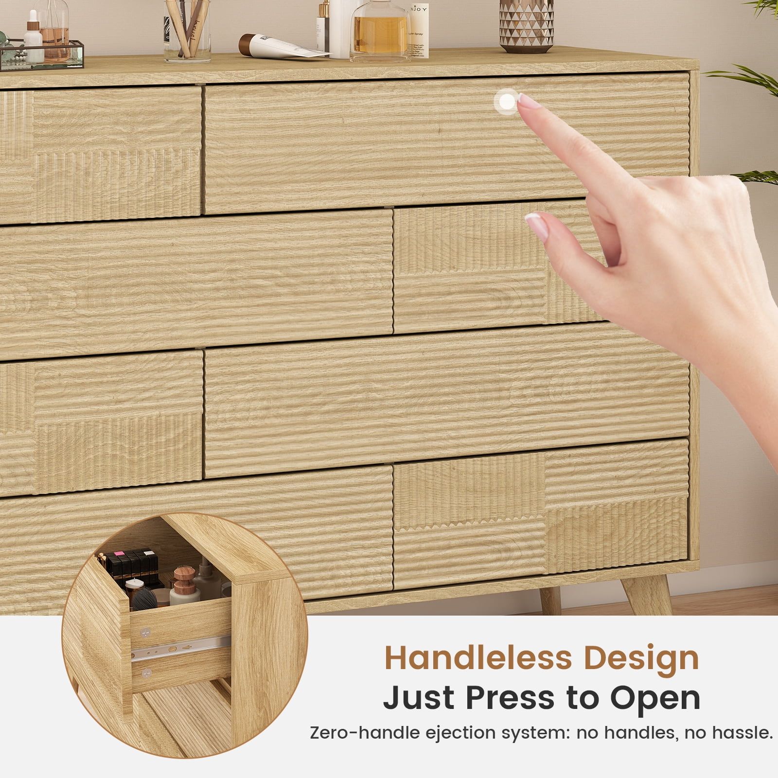 Danpinera Home 8-Drawer Double Dresser for Bedroom, 34" Tall Wood Chest & TV Stand with Fluted Panels, Natural Oak