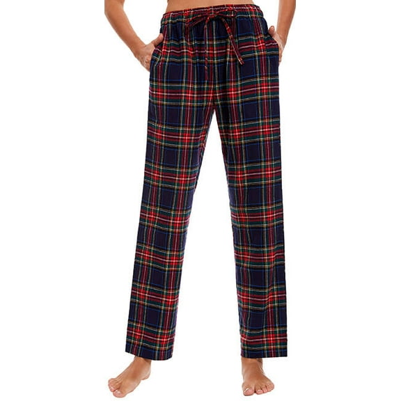 Marsgoo Women’s Soft Woven Cotton Pajama Pants, Long Pajama Bottoms with Drawstring and Pockets(Navy Red Plaid,Small)