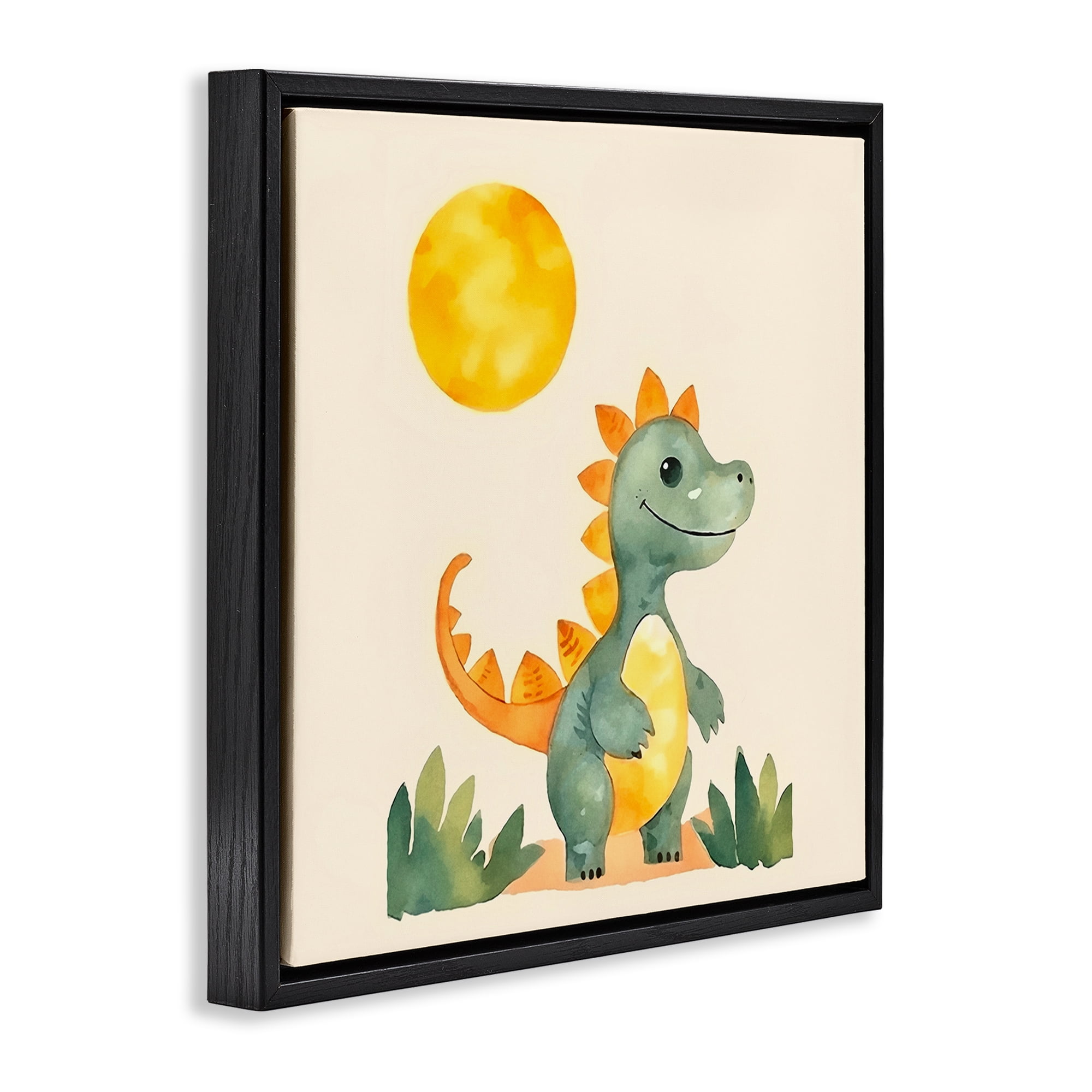 Stupell Industries Happy Dinosaur & Sun Animals Painting Black Floater Framed Canvas Art Print Wall Art, 25 x 25