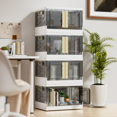 HIJOB Stackable Storage Bins with Lids  224QT Foldable Storage Container  Collapsible Clear Plastic Storage Box with Door  4 Pack Closet Organizer  Gray