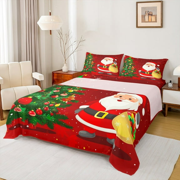 jejeloiu Santa Claus Twin Sheet Sets,Marry Christmas Tree Twin Fitted Sheet,Happy New Year Gifts Flat Sheet For Kids,Super Cozy Room Decoration,3pcs