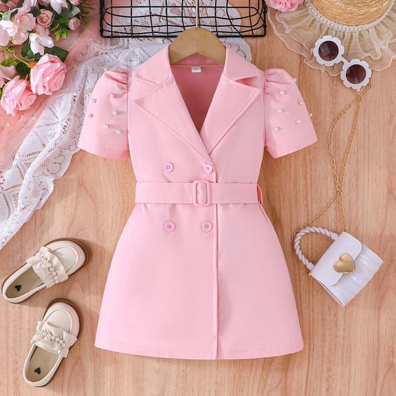 Huowey Girls Spring Summer Casual Short Puff Sleeve Solid Color V-Neck Turndown Collar Double- Dress With Belt 2 Piece Set For Toddler Kids Beach School Party Outfit,Pink,4-5 Years