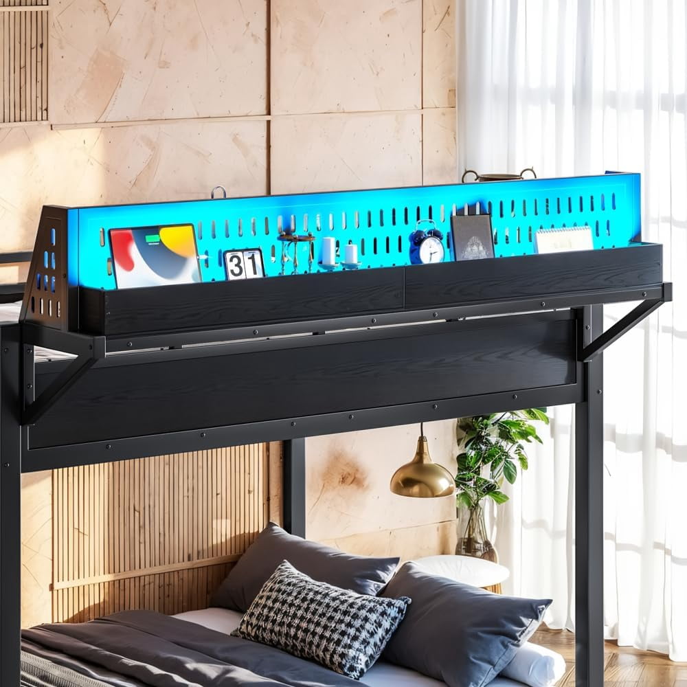 Full over Full Metal Bunk Bed with USB Ports & LED Lights, Storage Shelves, Black