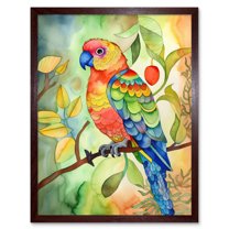 Parrot Bird On Tree Branch Folk Art Watercolour Painting Art Print Framed Poster Wall Decor 12x16 inch