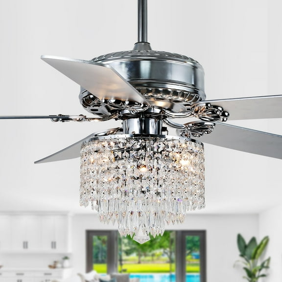 52" Modern Silver Crystal Ceiling Fan with Light and Remote Control, 6-Speed Reversible DC Motor
