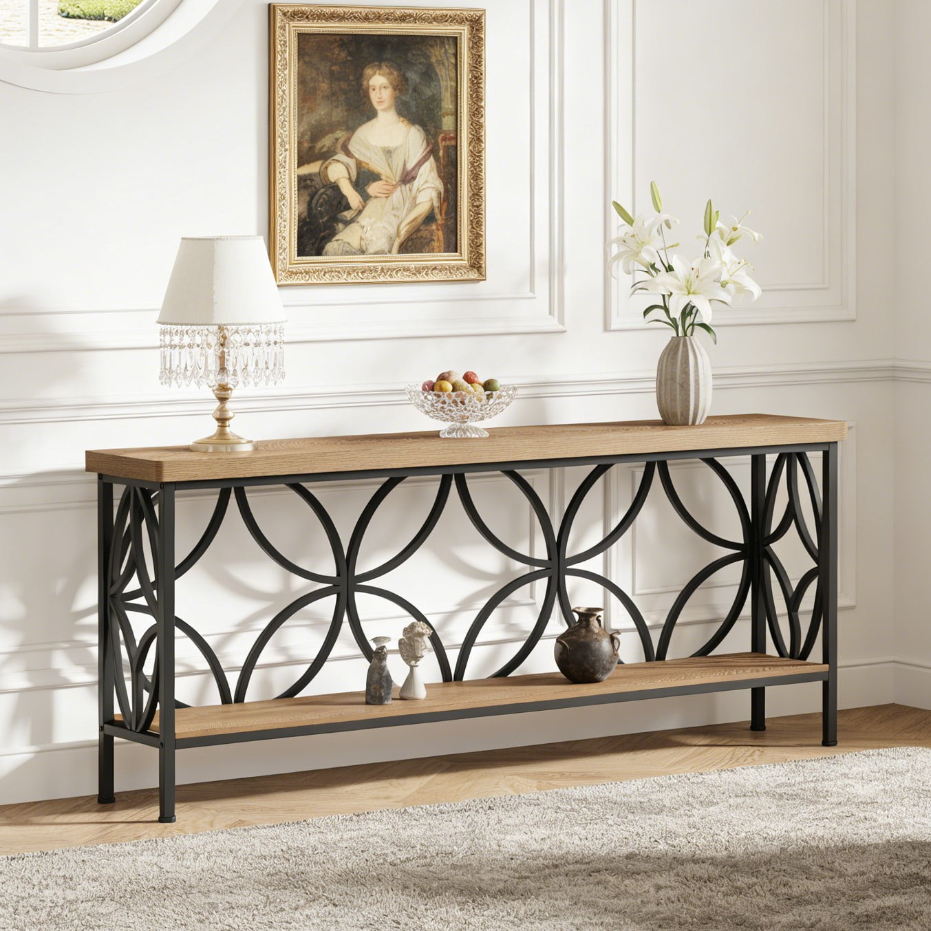 Fnova 70.9" Industrial Console Table, 2-Tier Wood Storage Narrow Sofa Table, Behind Couch with Metal Frame, for Living Room, Entryway, Foyer, Easy Assembly