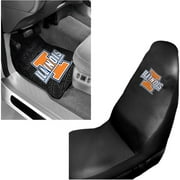 NCAA Illnois 2 pc Front Floor Mats and Illnois Car Seat Cover Value Bundle