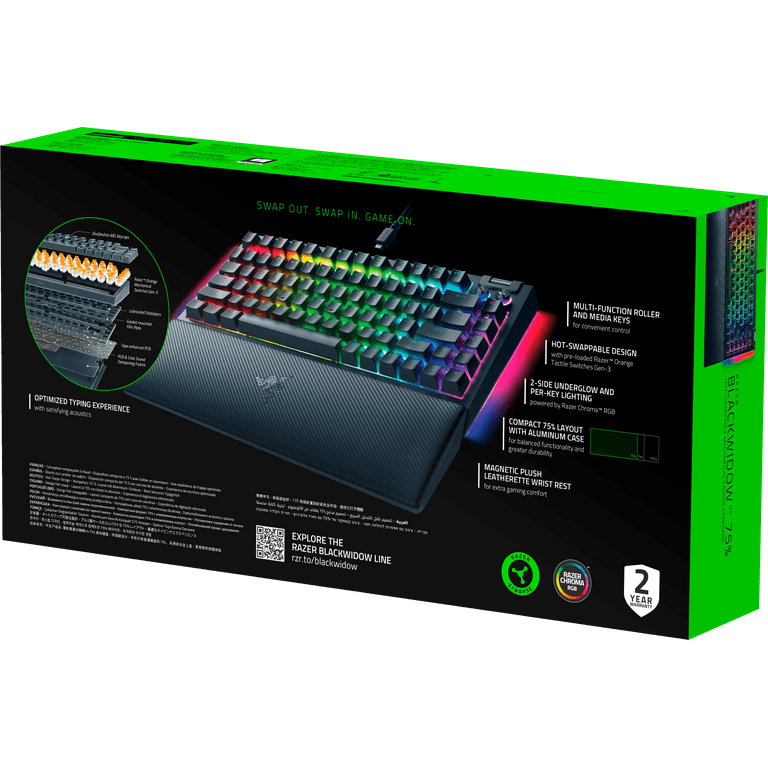 Razer BlackWidow V4 75% Mechanical Gaming Keyboard: Hot-Swappable Design -  Compact & Durable - Orange Tactile Switches - Chroma RGB - MF Roller 