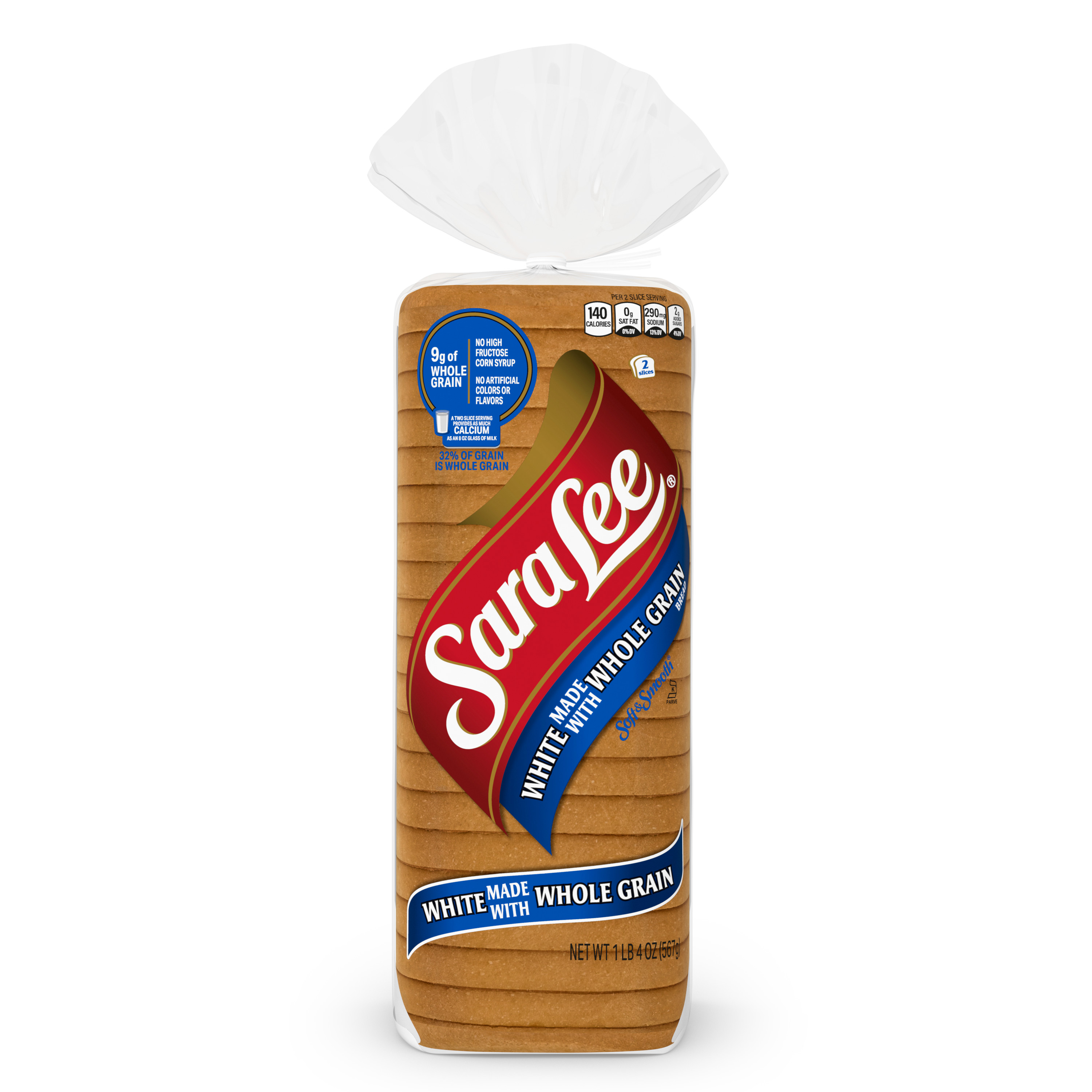Sara Lee White made with Whole Grain Bread, 20 oz, Plain Wheat Bread, Bag
