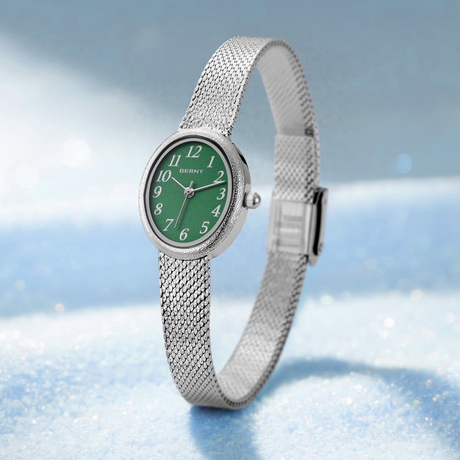 BERNY Small Silver Watches for Women, Dainty Easy to Read Oval Dial, Vintage Stainless Steel Bracelet Watch, Adjustable Mesh Band, Waterproof, Luxury Ladies Analog Quartz Wrist Watch Gifts (Green)