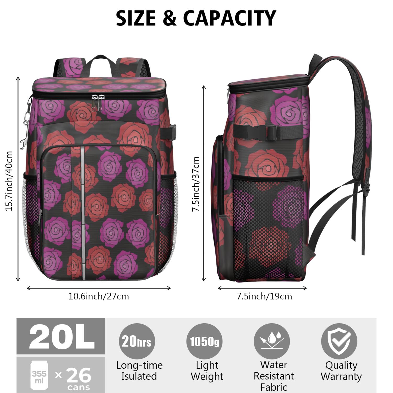 Travel Cooler Bag - Pioneer Flower Floral Print Pattern Camping Beer Cooler Backpack with Bottle Opener- Waterproof Insulated Picnic Backpacks - Cooler Bag for Beach