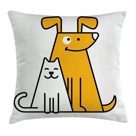 Cartoon Throw Pillow Cushion Cover, Cats and Dogs Human Best Friends Forever Kids Nursery Room Art Print, Decorative Square Accent Pillow Case, 18 X 18 Inches, Black White and Apricot, by
