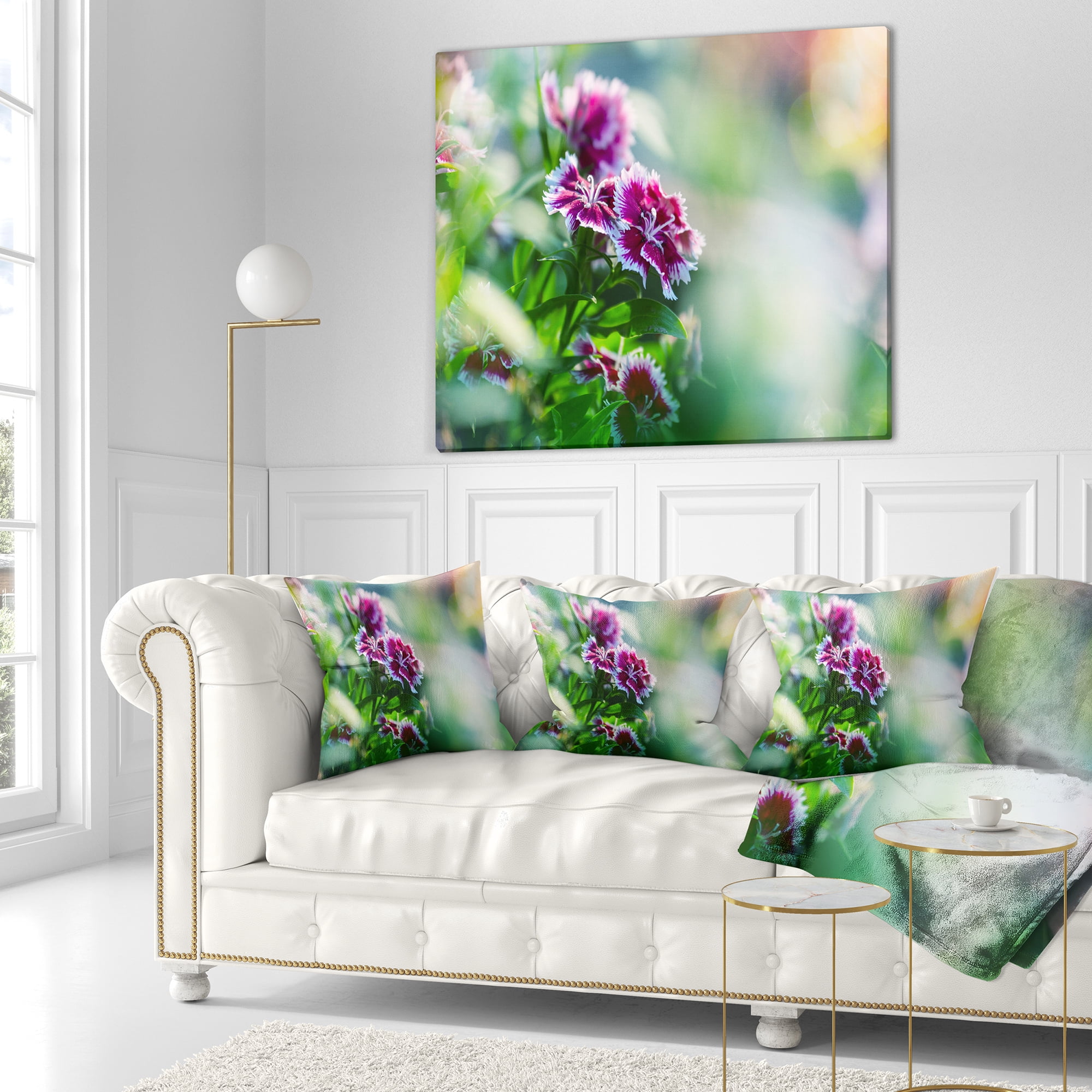 Designart Pink Flowers on Green Background - Floral Throw Pillow - 18x18