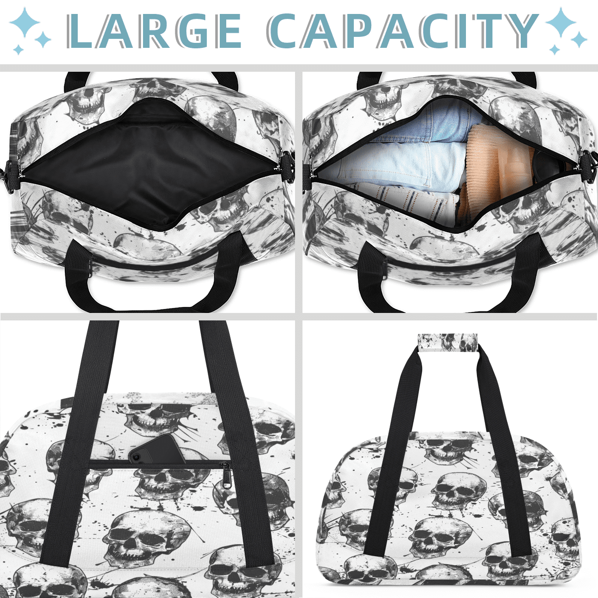 Herdesigns Sports Duffle Bags Travel Duffle Bag Gym Bag Sugar Skeleton Black White Skull Weekender Travel Bag Waterproof Overnight Bag Carry On Travel Tote Bag Dance Bags