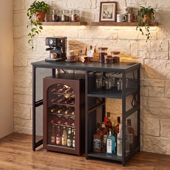 Boupower Mini Fridge Cabinet with Power Outlet, 35 inch Coffee Bar Cabinet with Wine Glass Rack, Black Industrial Mini Fridge Stand for Dorm Living Room Kitchen